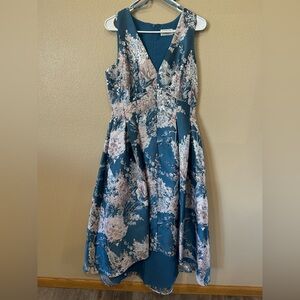 Eliza J Blue Dress with Blush Lace Floral Accents with Pockets
